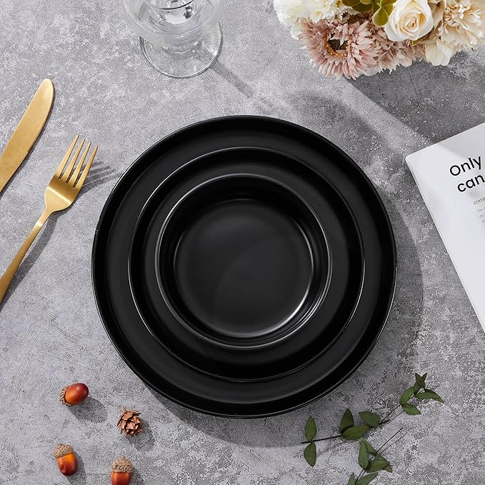 Vesteel Dinnerware Sets for 4 12-Piece Stoneware Dish and Bowls Set Handmade Reactive Glaze Coupe Plates Set for Family Chip &amp Scratch Resistant - Matte Black