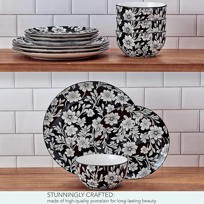 Pfaltzgraff Midnight Blooms 12 Piece Floral Stoneware Dinnerware Plate Bowl Dish Set Service for 4 Black