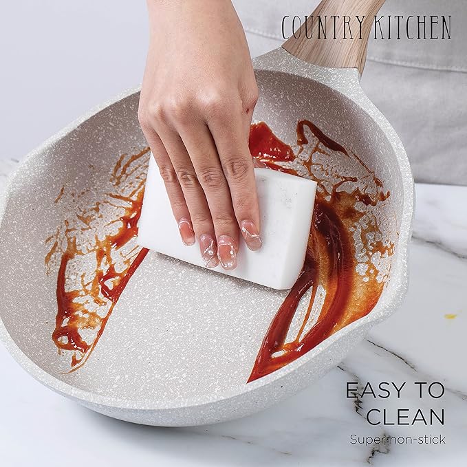 Country Kitchen Non-Stick Cast Aluminum Cookware Set - Durable Kitchen Cookware for Everyday Cooking Speckled Cream 8 Pc.