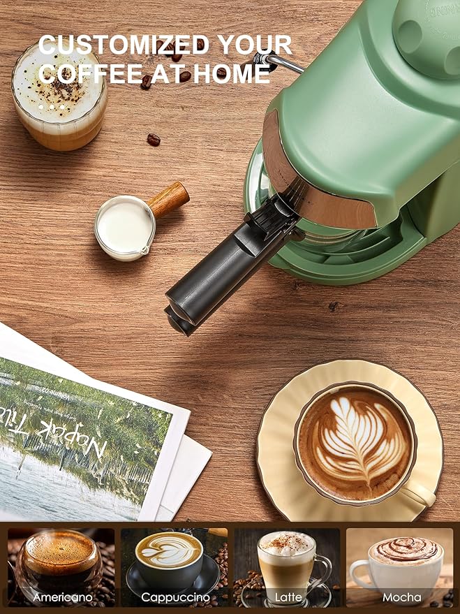 Espresso Machine 3.5Bar Espresso and Cappuccino Machine with Preheating Function 4 Cup Coffee Maker with Milk Frothing Function and Steam Wand (Green) CM6810