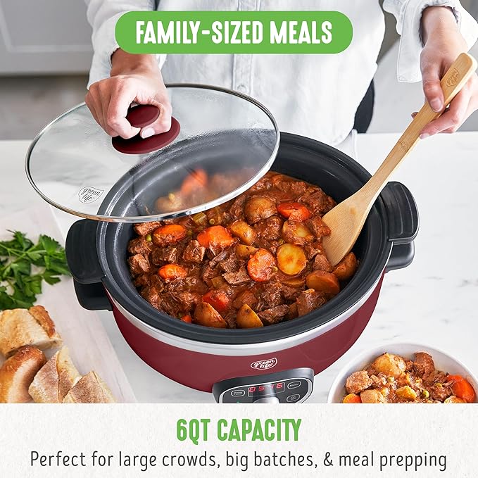 GreenLife Soft Grip 16 Piece Healthy Ceramic Nonstick Cookware Set Pots and Pans Set 6-Quart Slow Cooker PFAS &amp PFOA-Free Dishwasher Safe Oven Safe Versatile Kitchen Essentials Red
