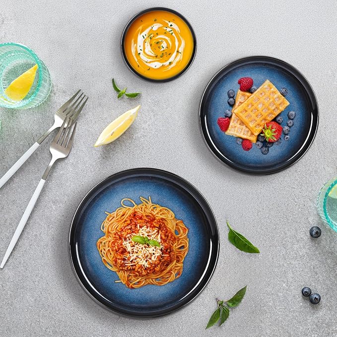 Romswi Dinnerware Set for 4 16 pcs Stoneware Plates and Bowls Sets with Mugs Chip &amp Scratch Resistant Dish Set Handmade Reactive Glaze OvenMicrowave and Dishwasher Safe Dreamy Moonlight-Blue