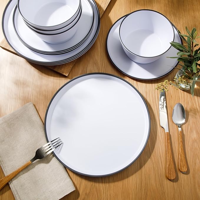 Gibson Home Folsom Shores 12 Piece Unbreakable Modern Melamine Plates and Bowls Dinnerware Set - Outdoor Camping &amp Everyday Use - White W/Black Rim