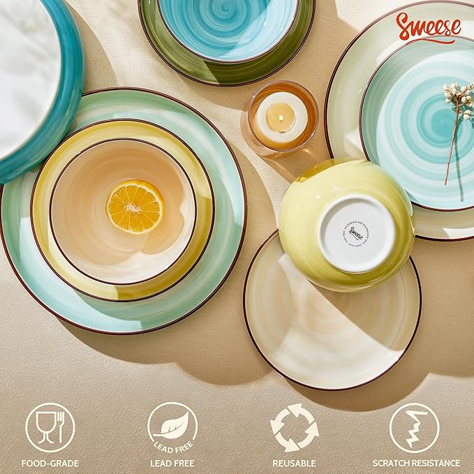 Sweese Plates and Bowls Sets 18 Piece Dinnerware Set Porcelain Round Dinner Set for 6 Scratch Resistant Dishes Set Dishwasher and Oven Microwave Safe Handpainted Swirl Dishware Sets Assorted Green