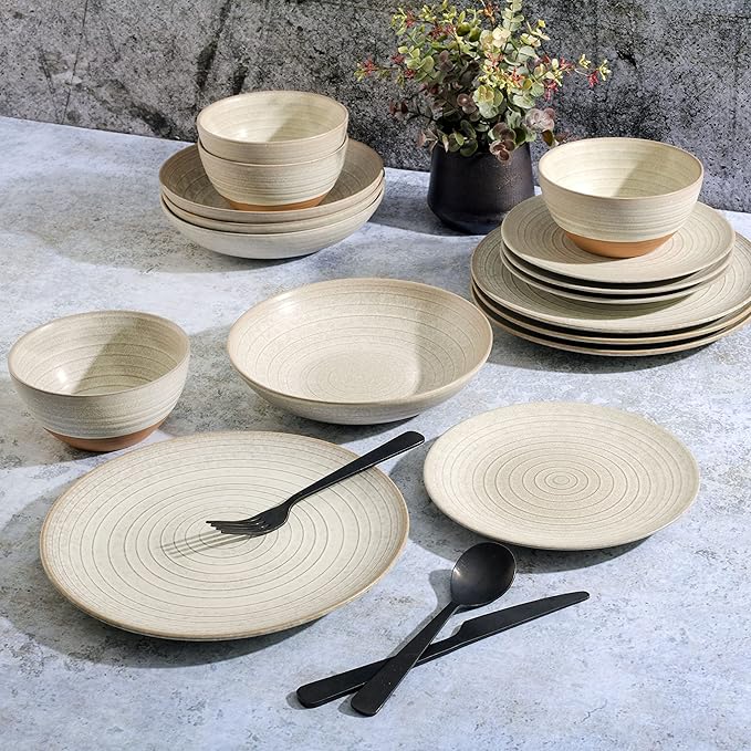 Gibson Elite 16 Piece Dreamweaver Double Bowl Terracotta Reactive Dinnerware Set - Sand Cream Service for 4 (16pcs)