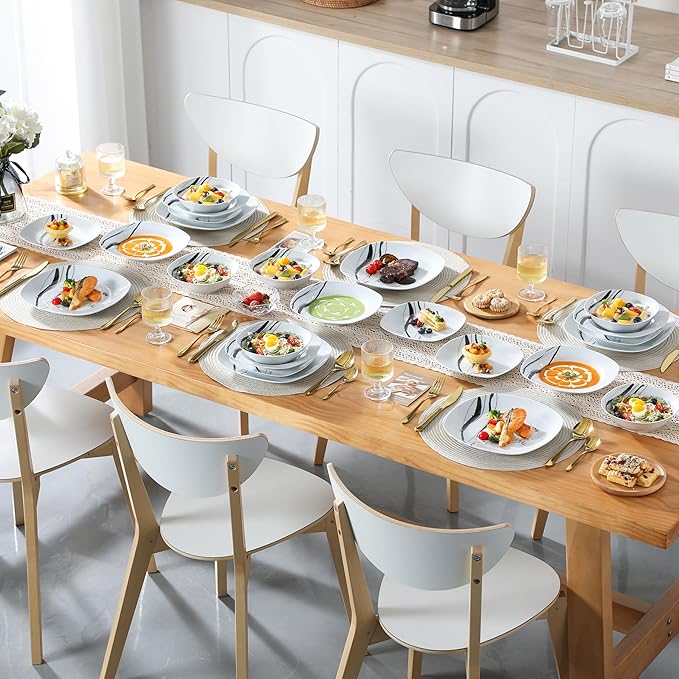 VEWEET Series Teresa 24-Piece Ivory White Porcelain Ceramic Dinnerware Set Ink and Line Patterns Square Kitchen Sets with Dinner Plate Soup Plate Dessert Plate Bowl Service for 6