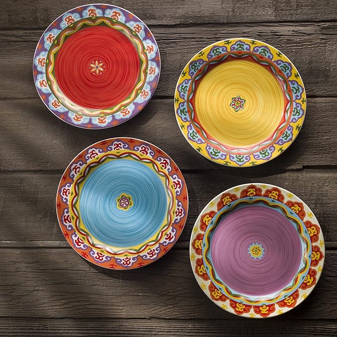 Euro Ceramica EC-GAL-1001 Galicia Collection Andalusian-Inspired 16 Piece Dinnerware Set Vibrant Assorted Patterns Multicolor
