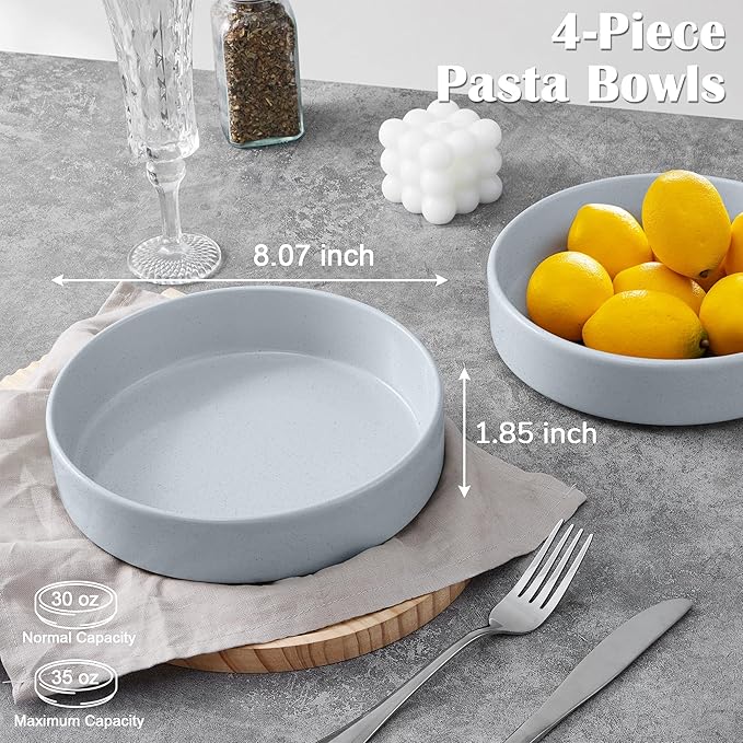 E-far Stoneware Dinnerware Sets with Pasta Bowls Set of 4 Bundle 12PCS Plates and Bowls Dish 35oz Ceramic Large Salad Bowl Plates for Serving Soup Dinner Microwave &amp Dishwasher Safe Speckled G