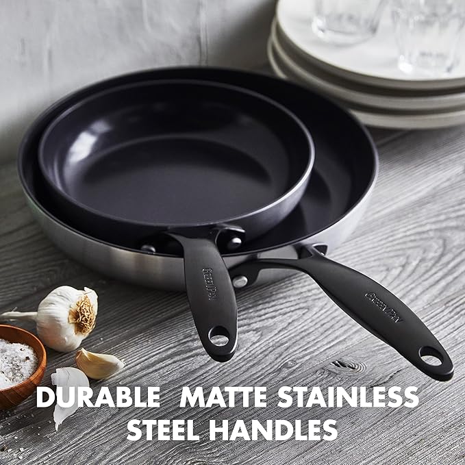 GreenPan Venice Pro Noir Tri-Ply Stainless Steel Healthy Ceramic Nonstick 10 and 12 Frying Pan Skillet Set Matte Black Handle PFAS-Free Multi Clad Induction Dishwasher Safe Oven Safe Silver