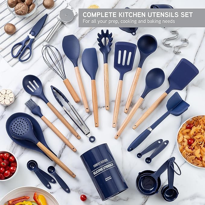 Country Kitchen Diamond Cookware and Utensils Set Bundle- 7 Piece Cast Aluminum Cookware Set with Pots and Pand=s and 38 piece Cooking Utensils Set with Holder and Gadgets (Navy)