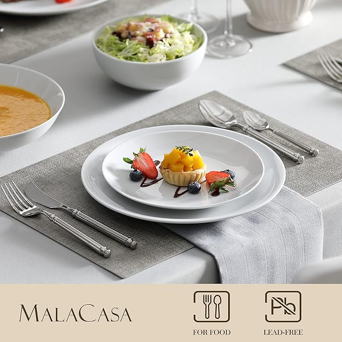 MALACASA 24-Piece Gourmet Porcelain Dinnerware Sets Modern White Round Dish Set for 6 - Premium Serving Plates and Bowls Sets for Dessert Salad Soup Pasta - Series AMELIA