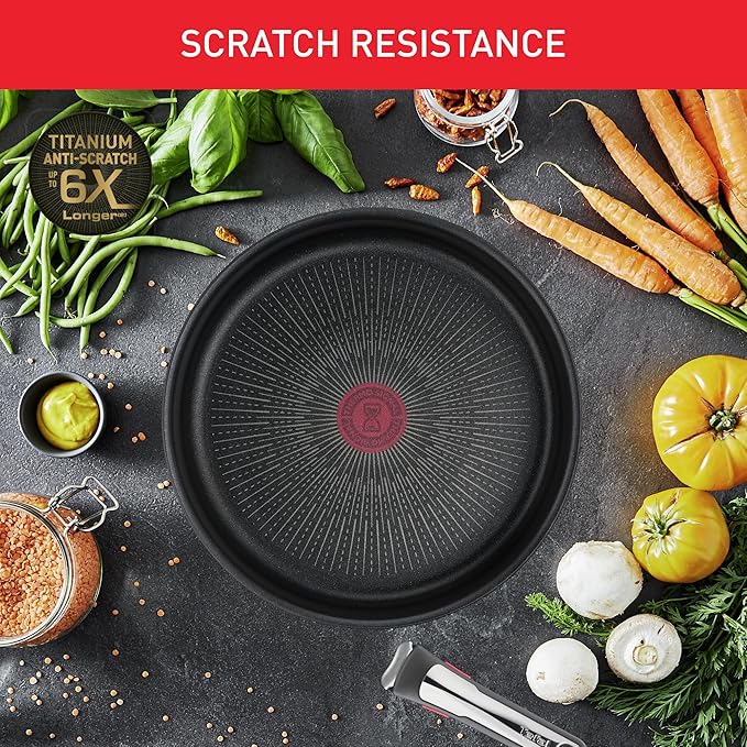Tefal Ingenio Unlimited ON 3 piece Non-Stick Induction Pan Set 24 &amp 28 cm Frying Pans 1 Removable Handle Easy Cleaning Heat Indicator Black L3959143
