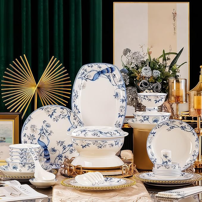Fine Bone China Dinnerware SetPorcelain&ampCeramic Dinnerware SetsBone Stoneware &ampCeramic Cookware Tableware Set Includes Dinner Plates|Spoons|Pasta Bowls|Soup Pot|Chopsticks (42 PCS)