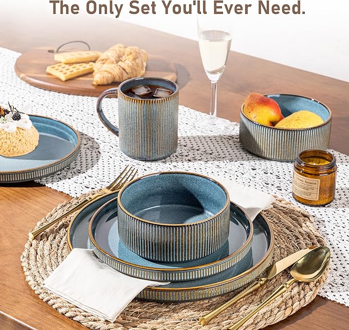 GBHOME 18-Piece Stoneware Dinnerware Set for 6 – Ribbed Ceramic Plates and Bowls Scratch-Resistant Microwave &amp Dishwasher Safe Reactive Glaze Deep Ocean