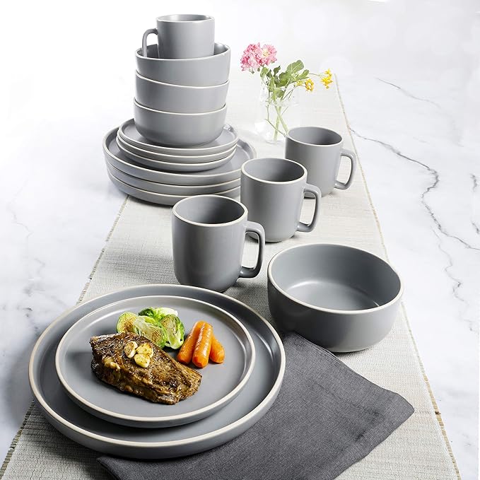 Gibson Home Zuma 16 Piece Round Kitchen Dinnerware Set Dishes Plates Bowls Mugs Service for 4 Matte Stoneware Grey Gray
