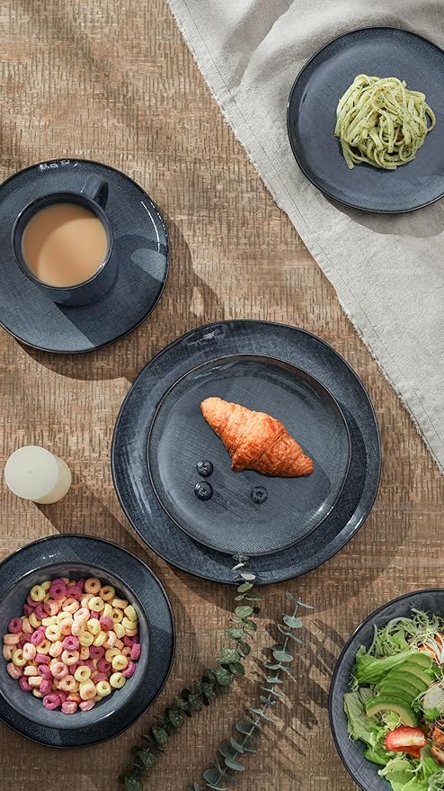 Famiware Moonlight Plates and Bowls Sets 18 Pieces Stoneware Dinnerware Sets with Linen Finish Handmade Dishware set for 6 Microwave and Dishwasher Safe Scratch Resistant Tableware Dark Blue