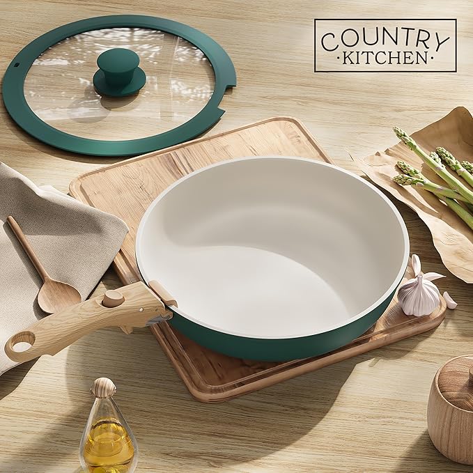 Country Kitchen Cookware Set with Removable Handle Oven &amp RV Safe Pots and Pans Set Sage Wood Handle Original
