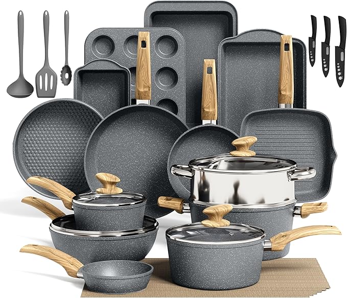 Kitchen Academy Induction Cookware &amp Bakeware Set - 30 Piece Grey Granite Cooking Pans Set Non Toxic Pots and Pans Set Non Stick