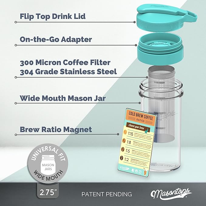 Masontops Cold Brew Makers Kit - Deluxe Iced Coffee Maker with Glass Pitcher &amp Stainless Steel Mesh Filter - Easy Pour Fridge Cold Brewer System