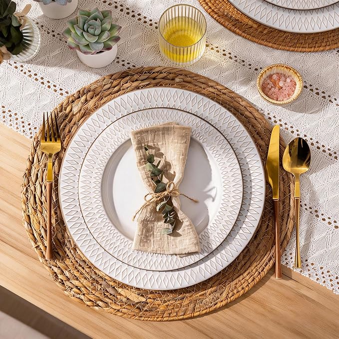 GBHOME Ceramic Dinnerware Sets12 pcs Embossed Elegant Stoneware Plates and Bowls Sets Housewarming Wedding Gift | Dishwasher &amp Microwave Safe | Dishes Set Service for 4