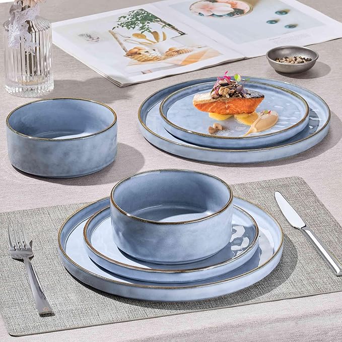 Herogo 24 Pieces Dinner Plates and Bowls Sets for 8 Stoneware Dinnerware Sets for Kitchen Dining Reactive Glaze Dishwasher &amp Microwave Safe Haze Blue
