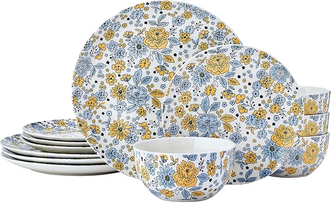 Pfaltzgtraff Vibrant Garden 12 Piece Floral Stoneware Dinnerware Plate Bowl Dish Set Service for 4