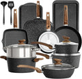 DishDelight 17 Piece Pots and Pans Set Non Stick Nonstick Induction Granite Kitchen Cookware Set Non Toxic Cookware Set with Frying Pans and Saucepan Cooking Sets Pots and Pans Black