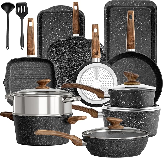 DishDelight 17 Piece Pots and Pans Set Non Stick Nonstick Induction Granite Kitchen Cookware Set Non Toxic Cookware Set with Frying Pans and Saucepan Cooking Sets Pots and Pans Black
