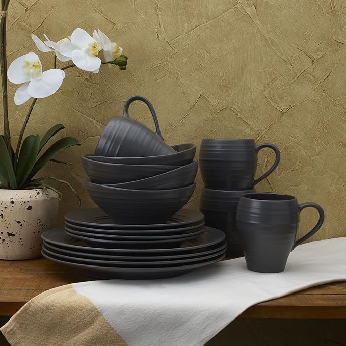 Mikasa Swirl 16 Piece Dinnerware Set Service for 4 Graphite