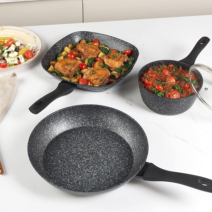Salter BW06524S Non-Stick Frying Pan - 30cm Forged Aluminium Megastone Cooking Pan PFOA-Free Induction Suitable Corrosion-Resistant Dishwasher/Metal Utensil Safe Soft-Touch Handle Silver/Black