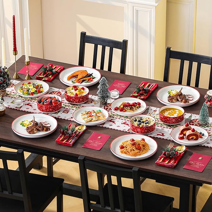 MALACASA Plates and Bowls Sets 12 Pieces Christmas Porcelain Dinnerware Set for 4 Ceramic Dishware Dishes Kitchen Dining Ware Set Microwave and Dishwasher Safe Series LUNA-Christmas Tree
