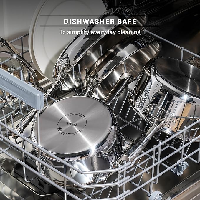 T-fal Pro Tri-Ply Stainless Steel Cookware Set 10 Piece-Induction Compatible Oven Safe 500F Lids-350F Even Heat Professional Quality Durable Induction Pots and Pans Set Silver