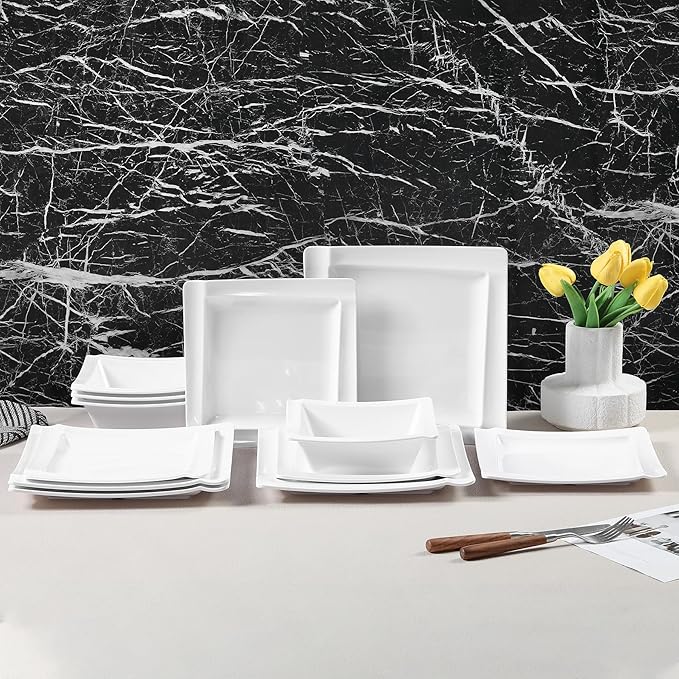 Square Melamine Dinnerware Sets of 12 PcsSquare Plates and Bowls SetsUnbreakable Dish Set for 4Lightweight Dishwasher Safe and BPA FreeSuit for RVCamping（White）