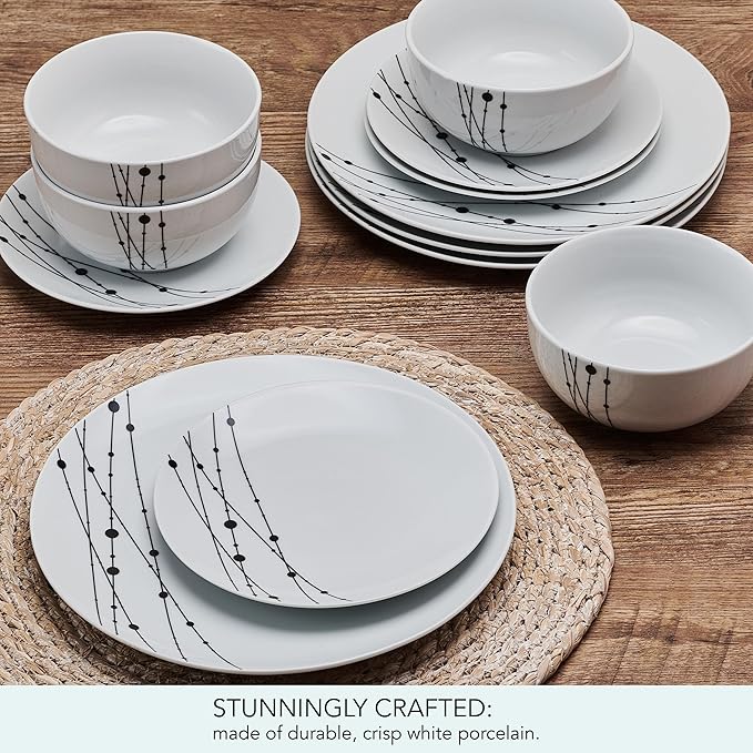 Studio Nova Linear Symphony 12 Piece Dinnerware Plate Bowl Set Service for 4