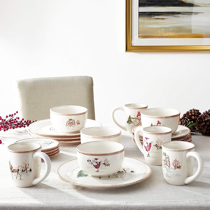 American Atelier Christmas Twig Holiday Dinnerware Set – 20-Piece Christmas-Themed Earthenware Dinner Party Collection Unique Gift Idea for Christmas or Birthday Cream