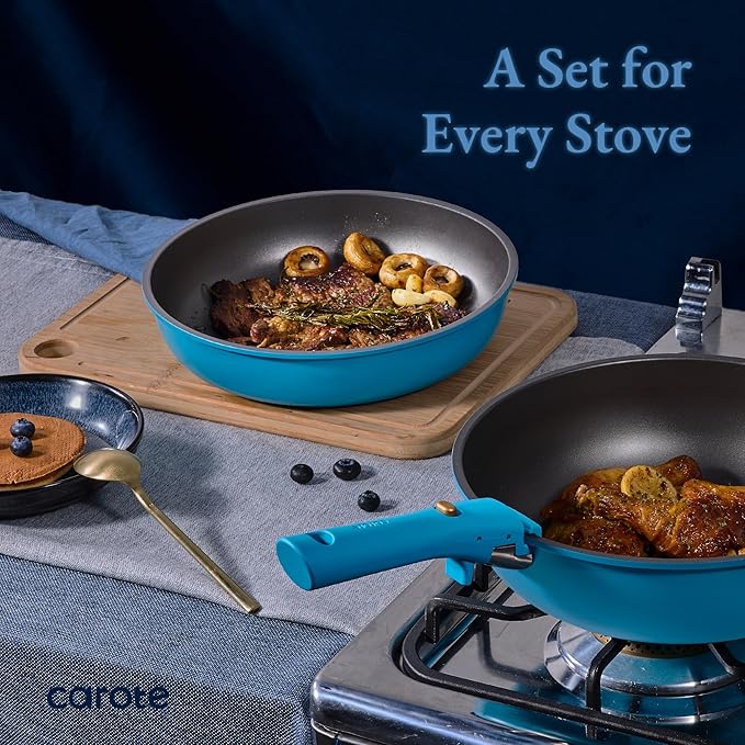 CAROTE 21pcs Pots and Pans Set Nonstick Cookware Set Detachable Handle Induction Kitchen Cookware Sets Non Stick with Removable Handle RV Cookware Set Peacock Blue
