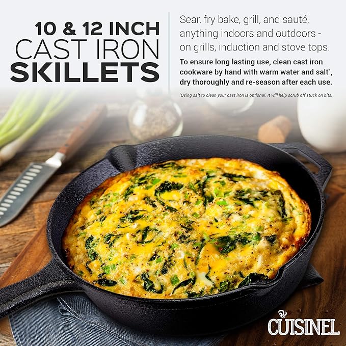 Cuisinel Pre-Seasoned Cast Iron Skillet 2-Piece Set (10-Inch and 12-Inch) Oven Safe Cookware- 2 Heat Resistant Holders