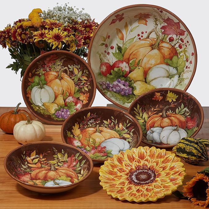 Harvest Blessings 16-Piece Ceramic Dinnerware Set Service for 4 – Celebrate the season with charming autumn motifs perfect for everyday dining fall gatherings and festive Thanksgiving tables