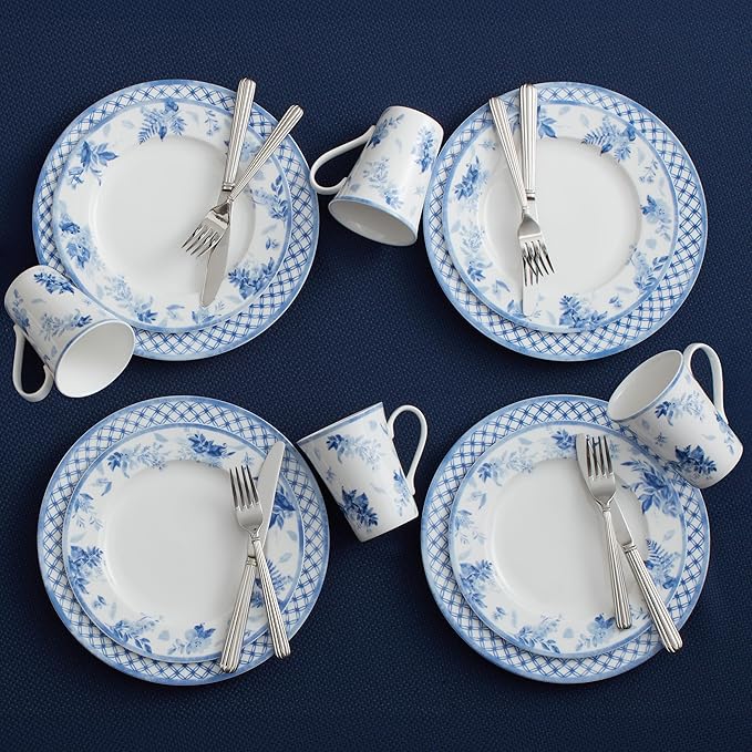 Mikasa Kiley Bone China Lightweight Chip Resistant 16 Piece Dinnerware Set Service for 4Blue and White