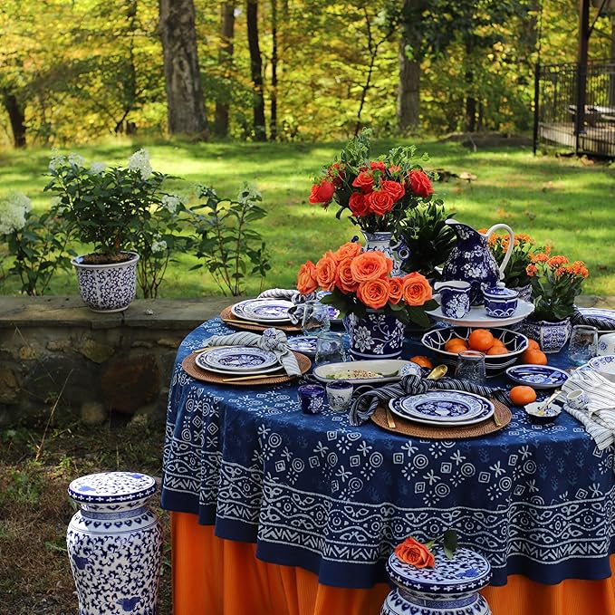 Euro Ceramica Blue Garden 16 Piece Oven Safe Hand Painted Stoneware Dinnerware Set Service for 4 Bold Vase Design/Floral Pattern White and blue