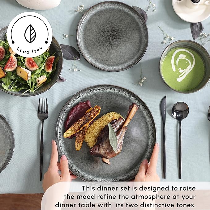 Karaca Fein 24 Piece Reactive Glaze Dinner Set for 6 People Modern Design with Unique Handcrafted Patterns Durable Kitchen Plates and Bowls Sets Stoneware Dinnerware &amp Dishwasher Safe