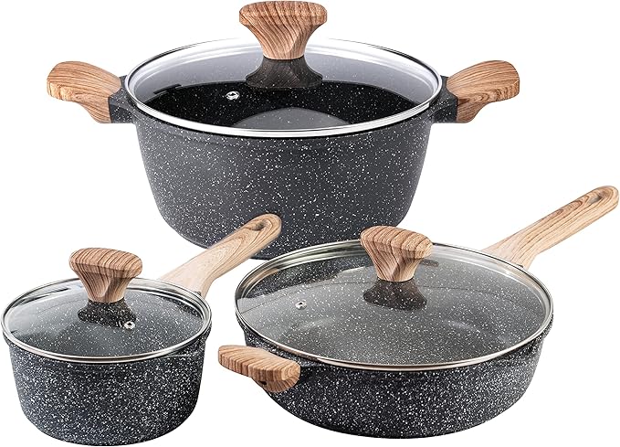 Country Kitchen Non-Stick Cast Aluminum Cookware Set - Durable Kitchen Cookware for Everyday Cooking Speckled Grey 6 Pc.