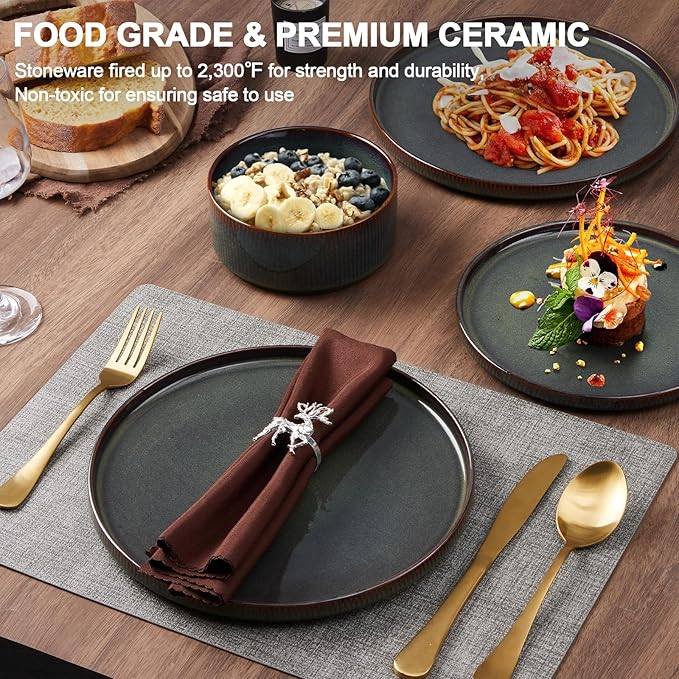 Vesteel Dinnerware Set for 4 12-Piece Stoneware Ribbed Dishes with Reactive Glaze Ceramic Plates and Bowls Set for Home Restaurant Chip &amp Scratch Resistant - Blackish Green