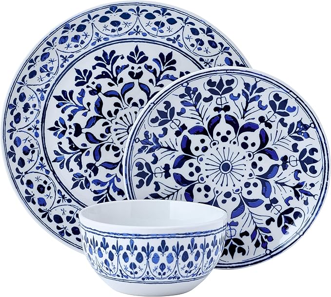 Pfaltzgraff Medallion Radiance 12 Piece Stoneware Dinnerware Plate Bowl Dish Set Service for 4 Blue