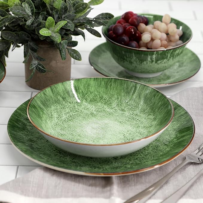 Elama Oceanus 16 Piece Round Shape Porcelain Double Bowl Dinnerware Set Tableware Set Table Setting- Service for 4 (Green)