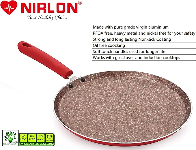 Nirlon Red Stone Induction and Gas Compatible Non Stick Aluminium 2 Piece Cookware Set [1 Flat Roti Tawa 26cm|1 Fry Pan 24cm - 1.5 Liter]