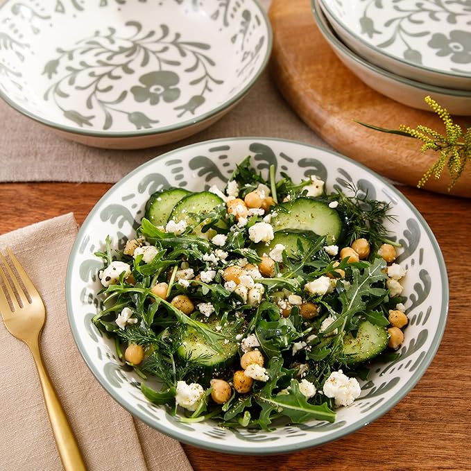 Bloomhouse - 2-Time Oprah’s Favorite Things - Valencia Flor 4 Piece Dinner Bowl Set 8” Stoneware Pasta Bowls Mediterranean Floral Decal Design Microwave &amp Dishwasher Safe Fern Green
