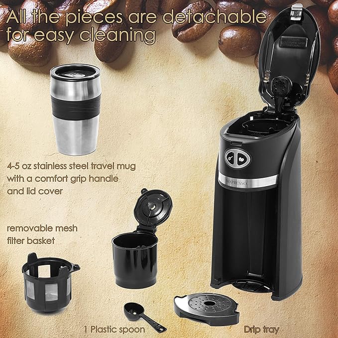 Mixpresso 2 in 1 Grind &amp Brew Automatic Personal Coffee Maker Automatic Single Serve Coffee Maker with Grinder Built-In and 14oz Travel Mug Auto Shut Off FunctionBlack Travel Coffee Maker