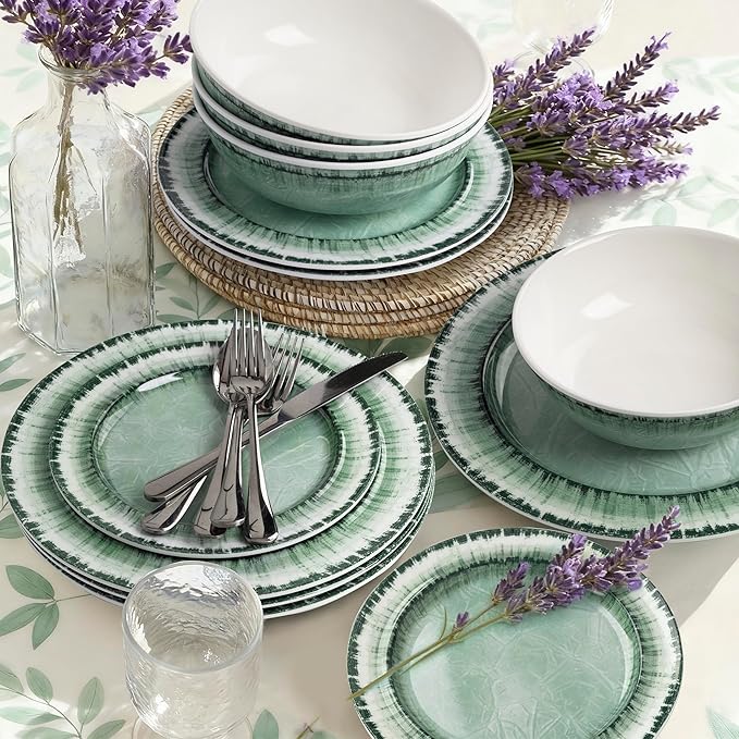 AELS Melamine Dinnerware Set of 12 Pcs Dinner Dishes Set for Indoor and Outdoor Use Dishwasher Safe Lightweight Unbreakable BPA Free Sage Green