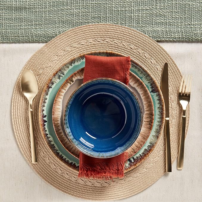 Tabletops Gallery Tuscan Reactive Glaze Stoneware- Dining Entertainment Plate Bowl Ceramic 12 Piece Tuscan Dinnerware Set (Blue Green and Brown)